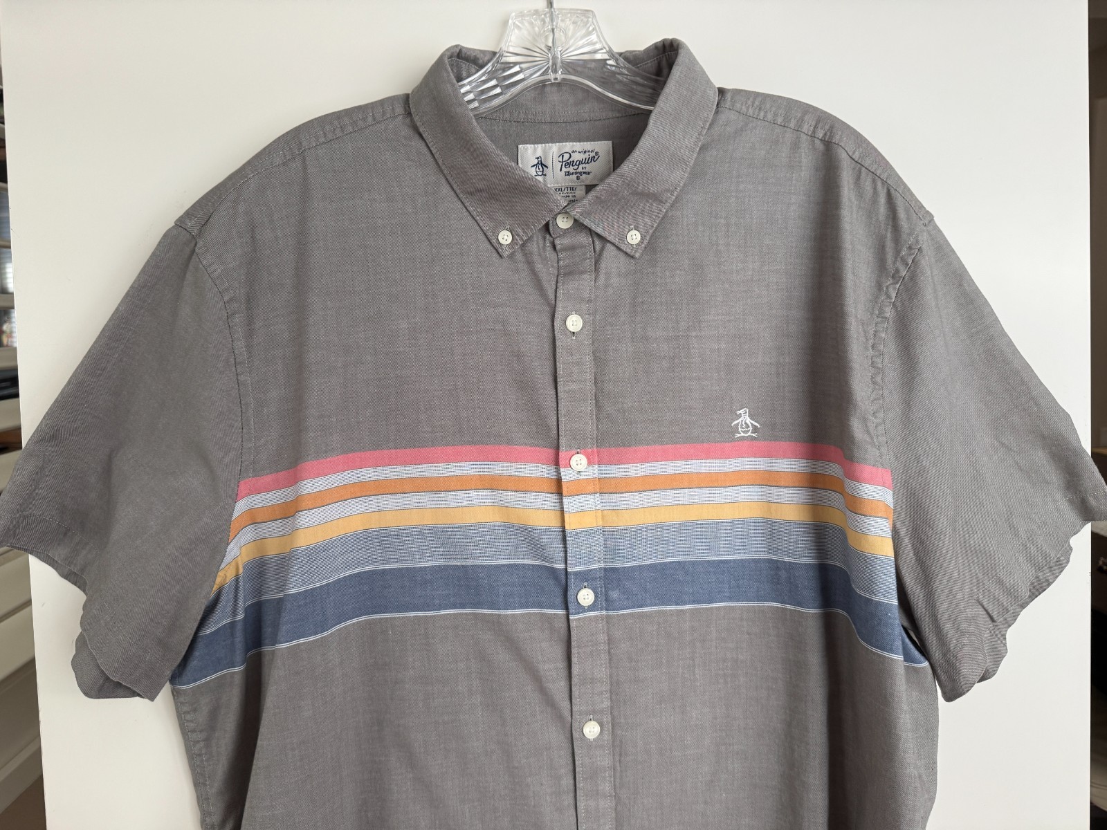 Original Penguin Men’s Gray Engineered Stripe Short Sleeve Button Down Shirt XXL