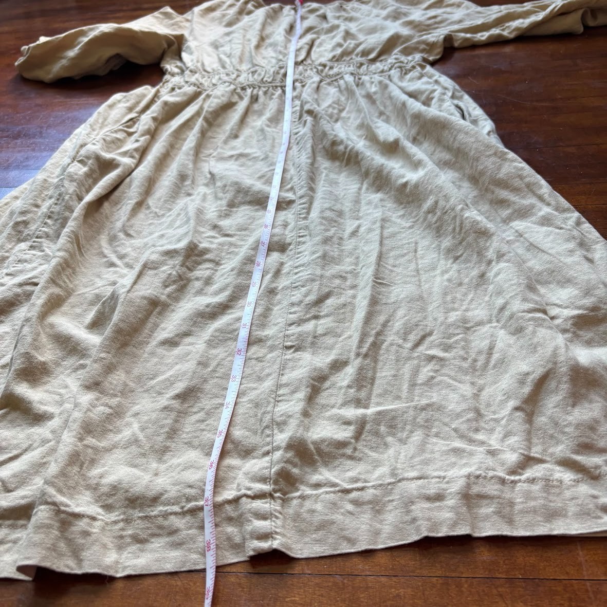 LINEN Blend Boho Cottage Midi Dress Medium M Smocked Beige Khaki Peasant Travel