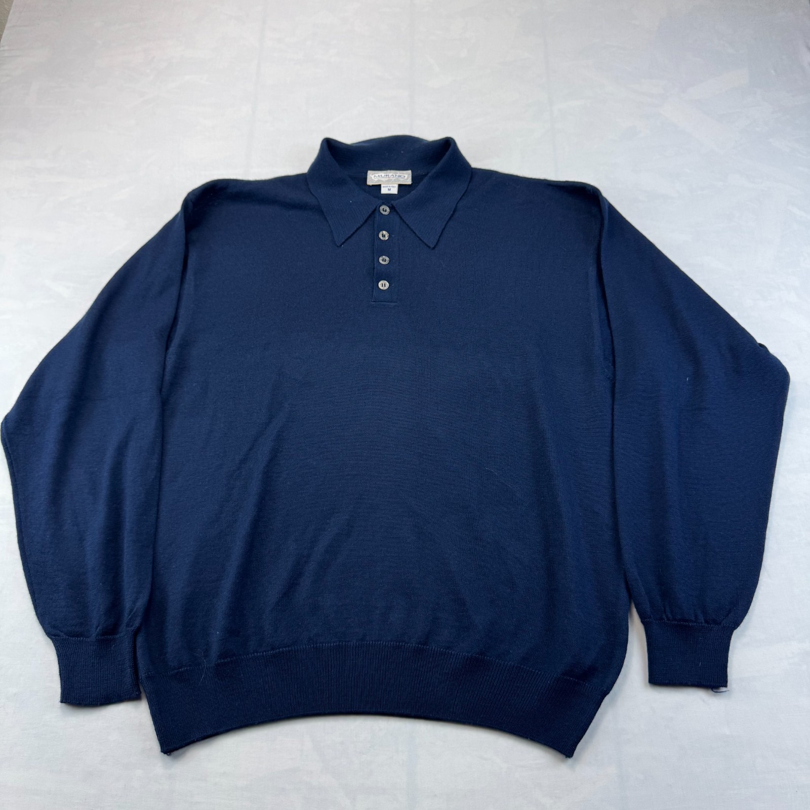 Murano Polo Sweater Mens M Blue Wool Blend Ribbed Hem & Cuff 3-Button Placket