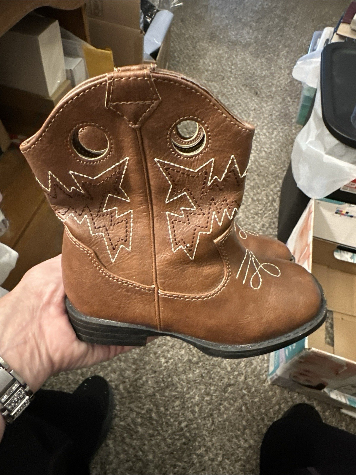 Brown Western Embroidered Unisex Kids Mid-Calf Boots Synthetic Rubber 9