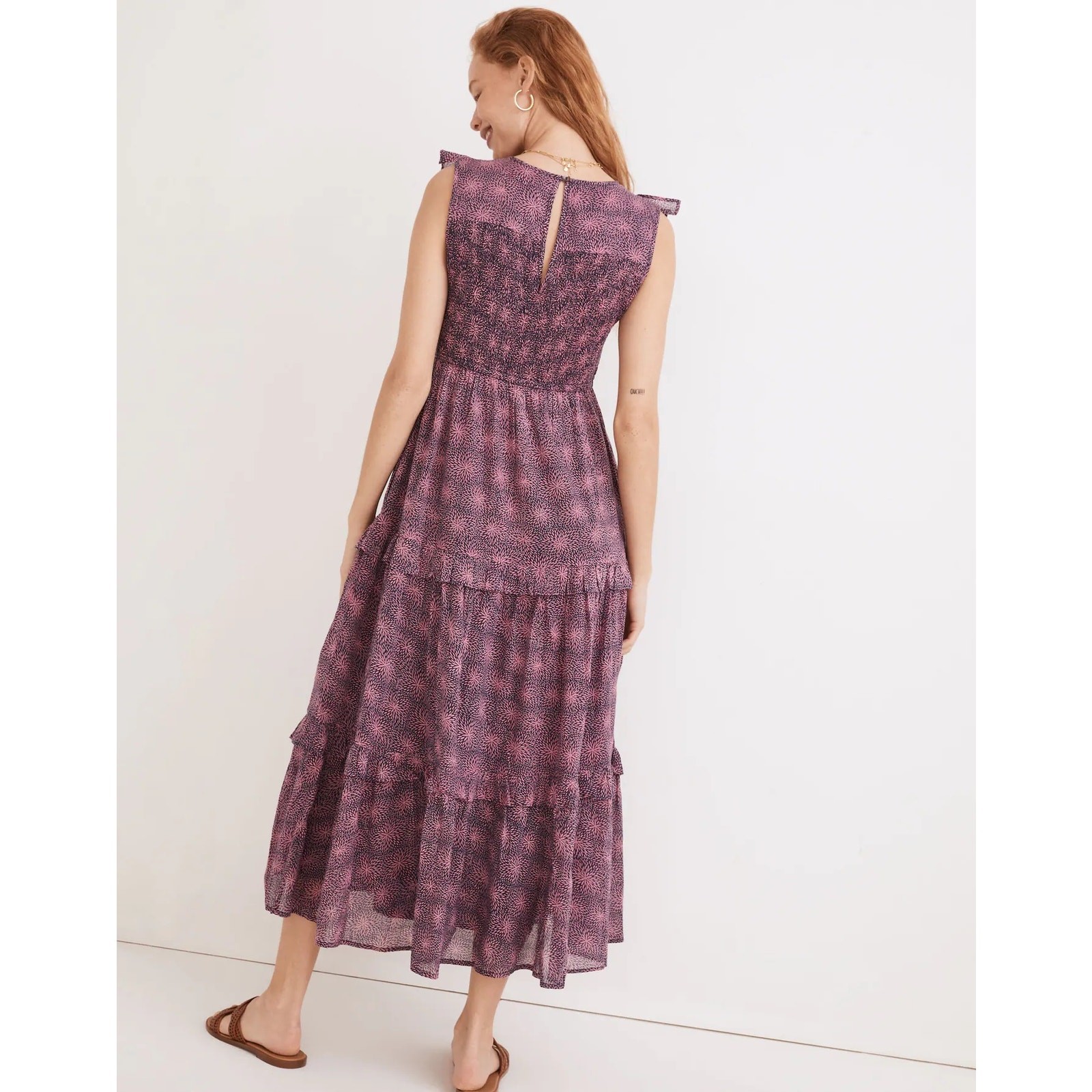 Banjanan 100% Cotton Pink Blue Iris Smocked Floral Midi Dress Size Small