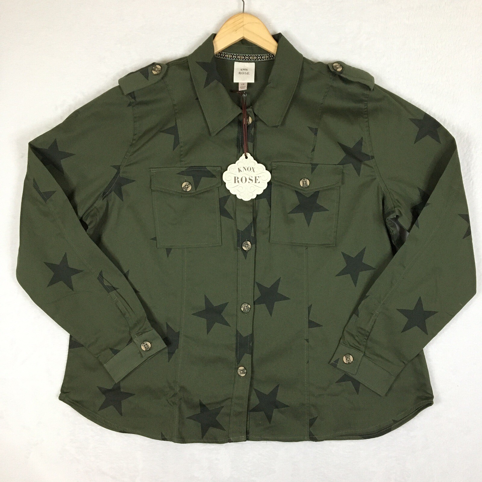 NEW Knox Rose Utility Button Up Shirt Jacket Shacket Olive Green Stars Size 1X