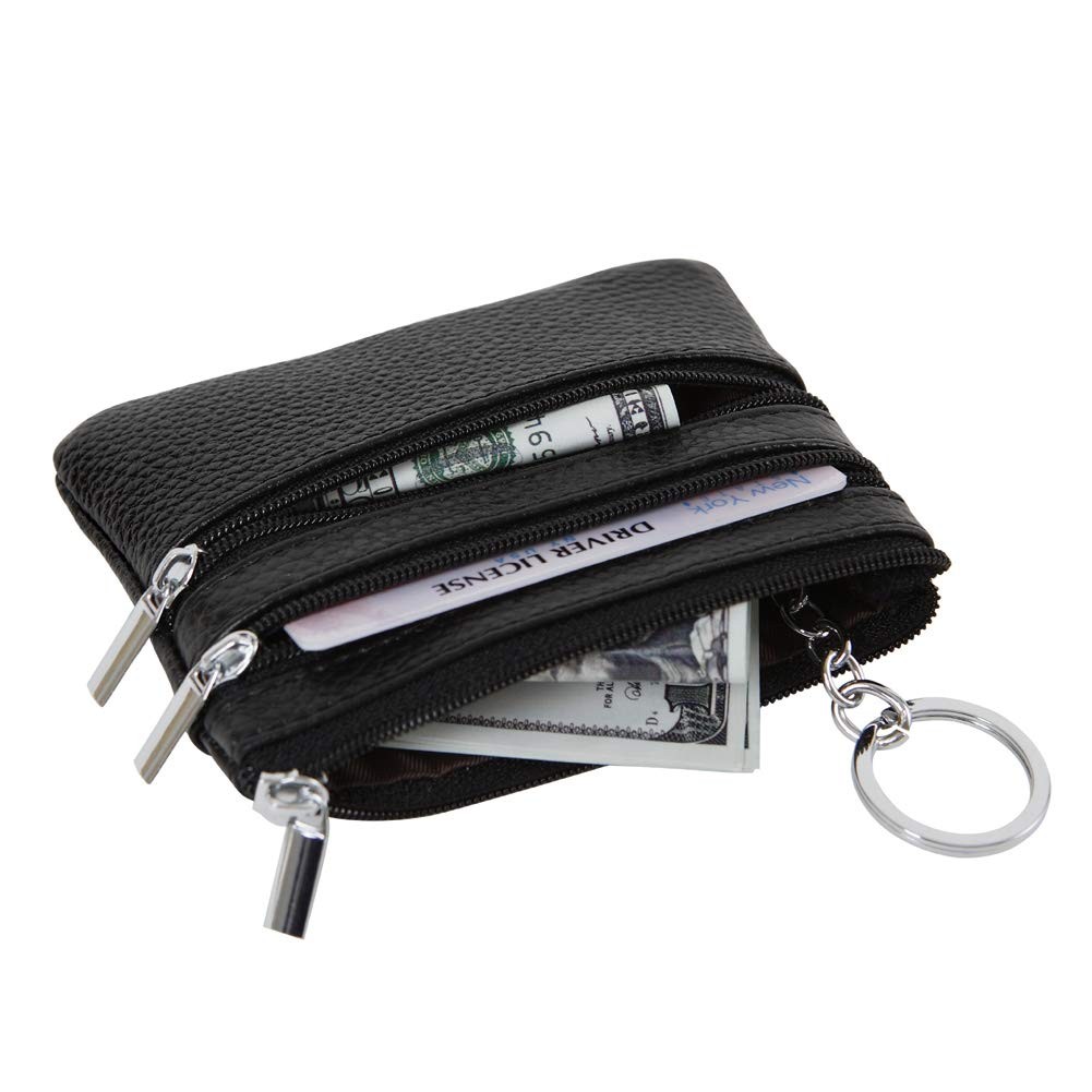 Black Leather Coin Purse Pouch with 3 Zipper Pockets for Cards and Cash