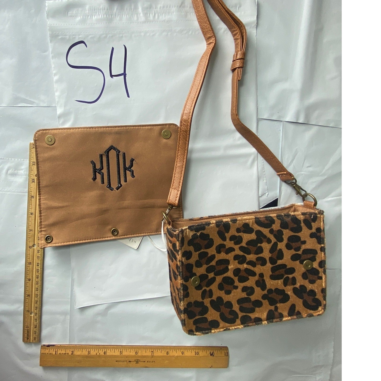 KUK Crossbody Bag Tan Leather Monogram Leopard Print Small EM CLU WCL3592 LEOS
