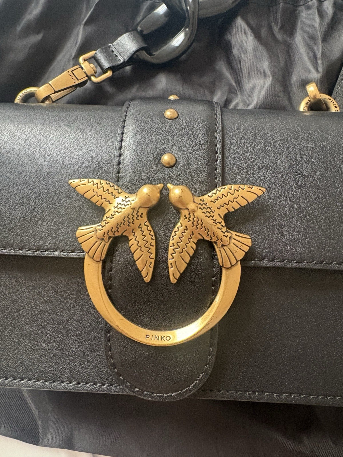 PINKO Black Crossbody Bag Gold Bird Logo Hardware Magnetic Zip + Dust Bag
