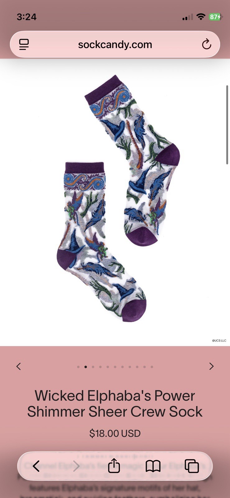 Wicked Elphaba’s Power Shimmer Sheer Crew Sock Brand Sock Candy Fits US W 5.5-10