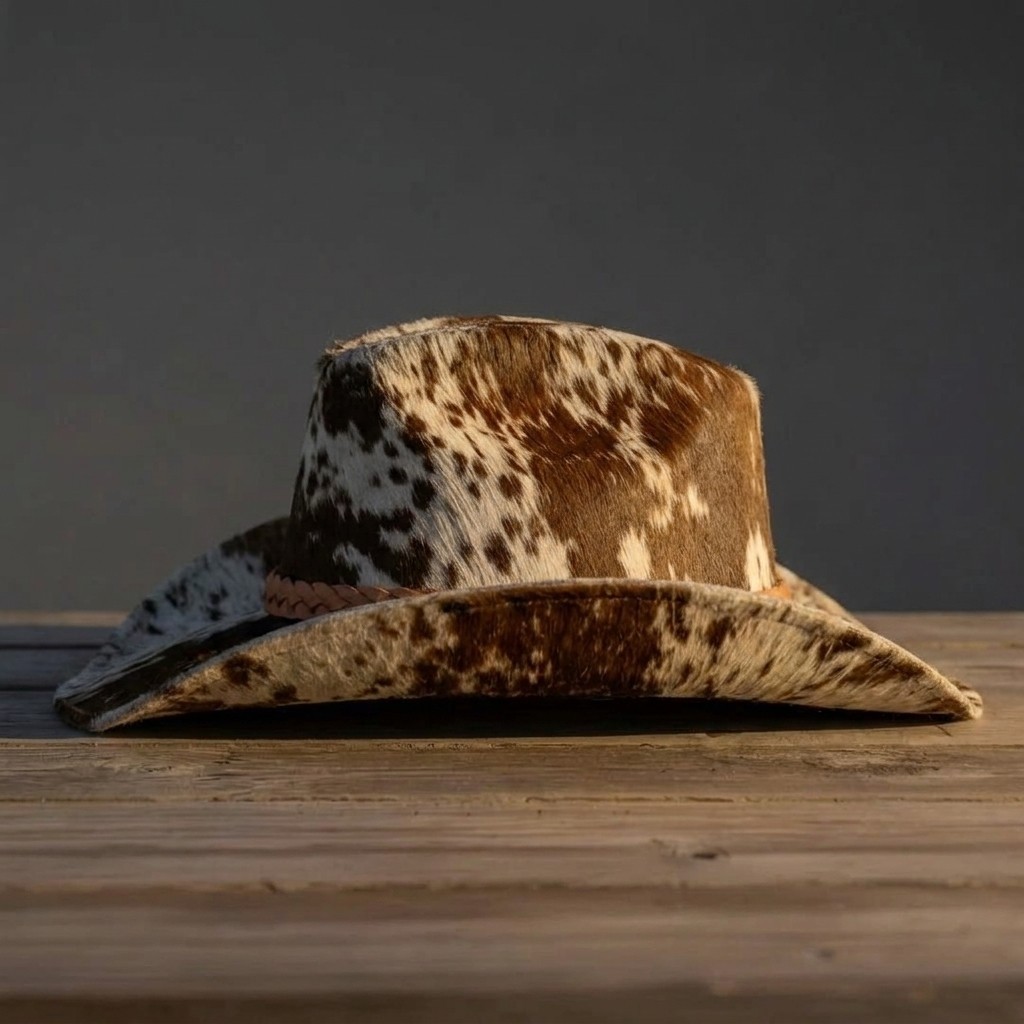 Handmade Genuine Cowhide Leather Cowboy Hat Brown White Western Hair on Hide