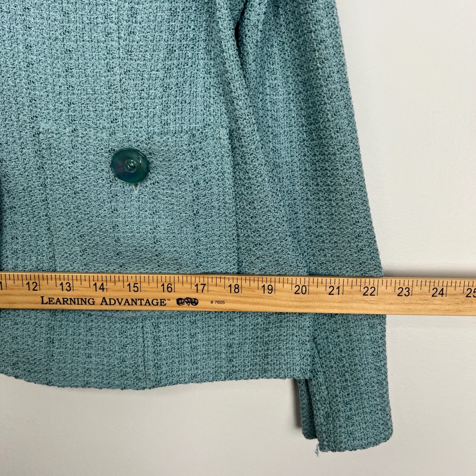 St. John Aqua Teal Blue Textured Knit Blazer Shell Jacket Size 14 USA V-Neck