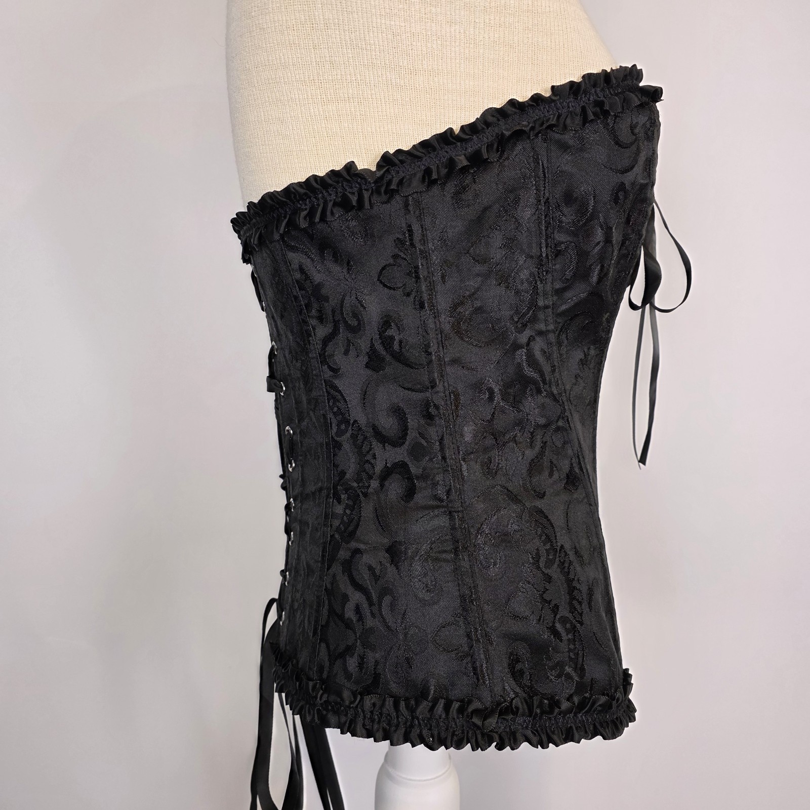 Black Lace-Up Corset Bustier Boned Gothic Steampunk Ruffle Trim Size M Victorian