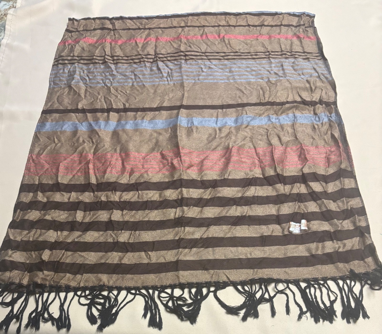 Women’s 100% Pashmina Shawl Wrap Scarf Brown Blue Pink Striped Tassel Sz 72×26”