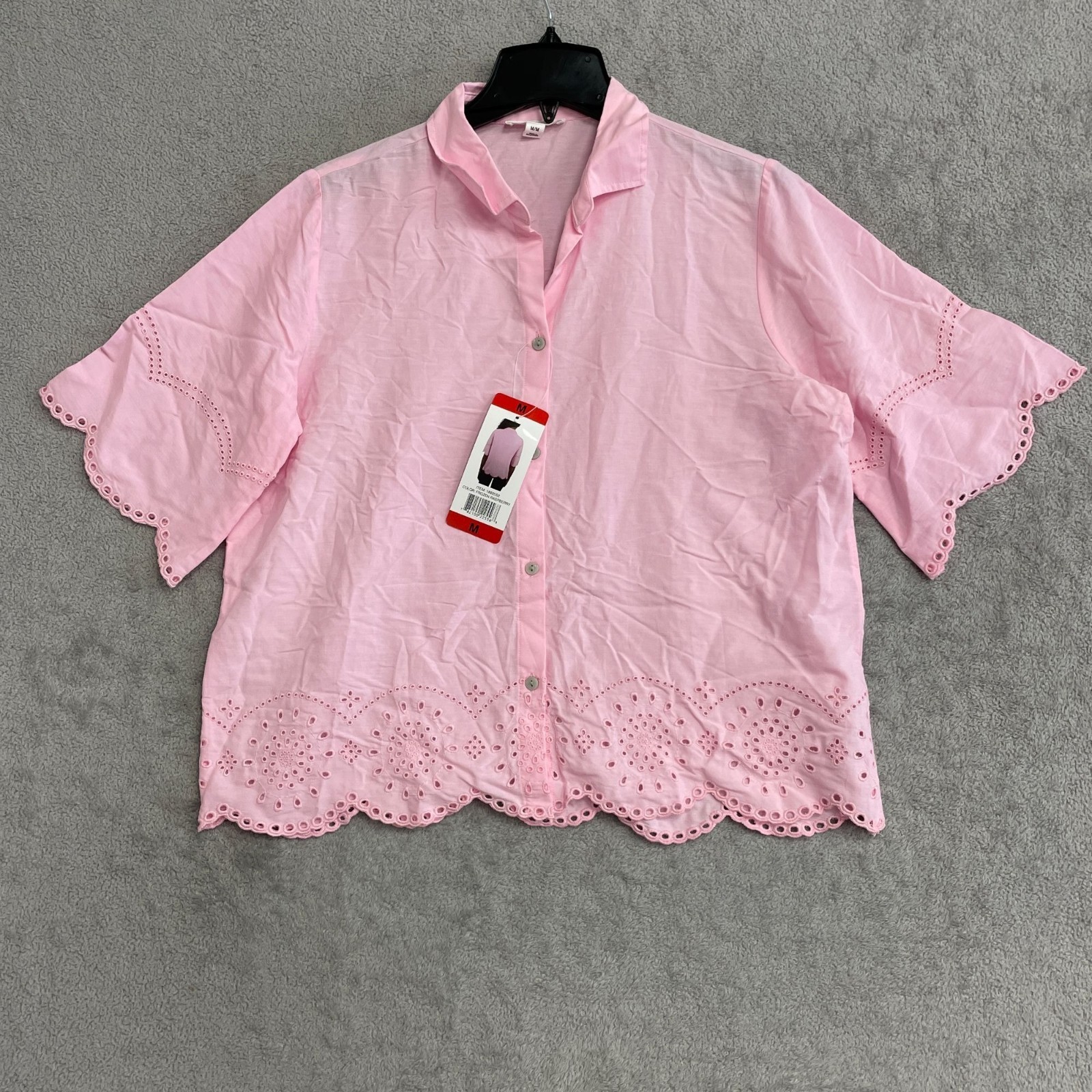Beachlunchlounge Women’s M Pink Scalloped Hem Eyelet Blouse Short Sleeve M1051