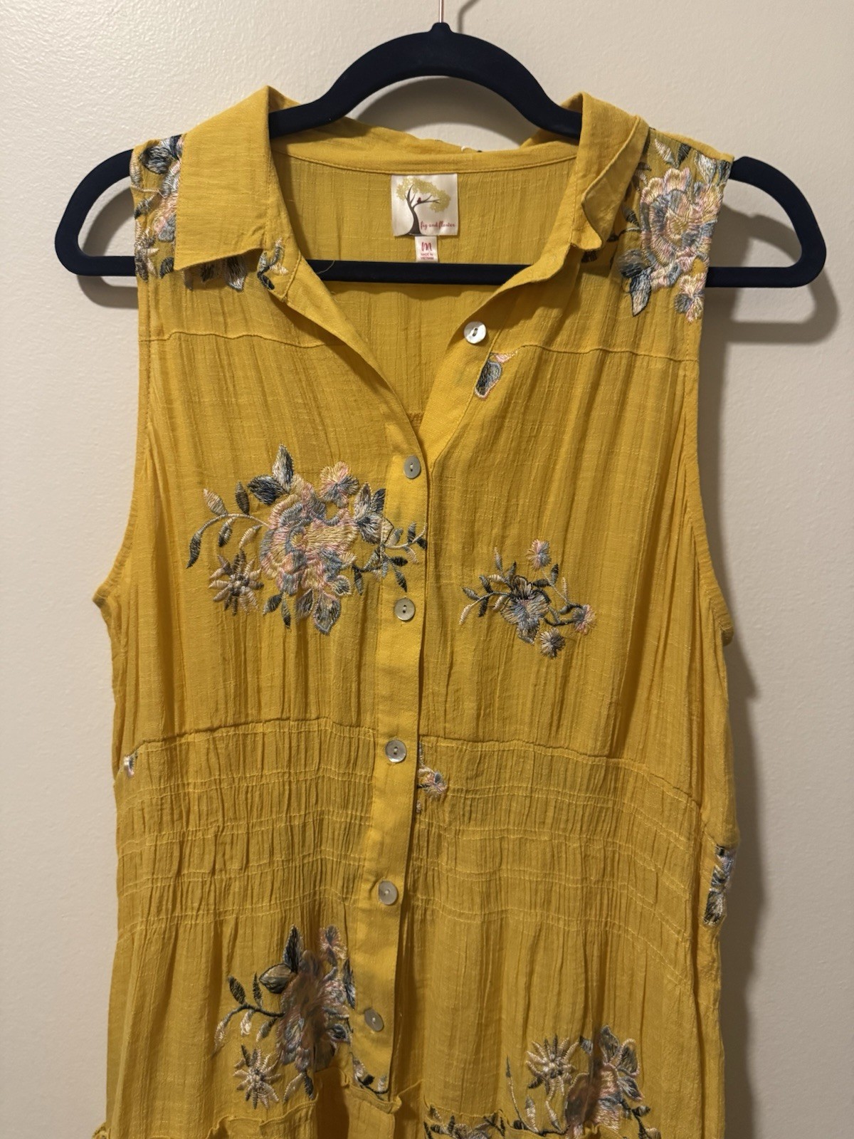 Fig and Flower Yellow Floral Collared Sleeveless Button Front Maxi Dress M