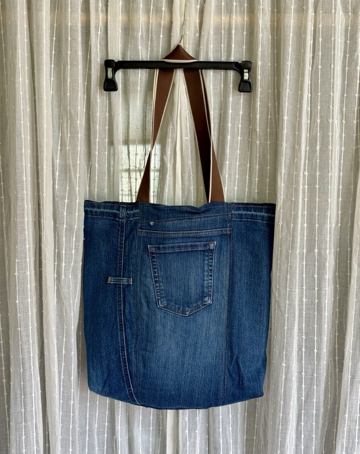 Upcycled Blue Denim Large Tote Bag, Lined w/ Inner Pockets, Brown Shoulder Strap