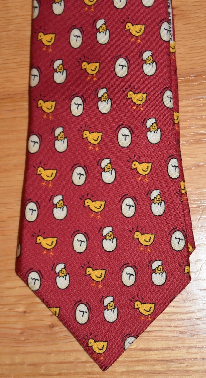 Hermes Silk Neck Tie Chick Egg Hatching Chicken Bird Red 7532 Preppy France 57″