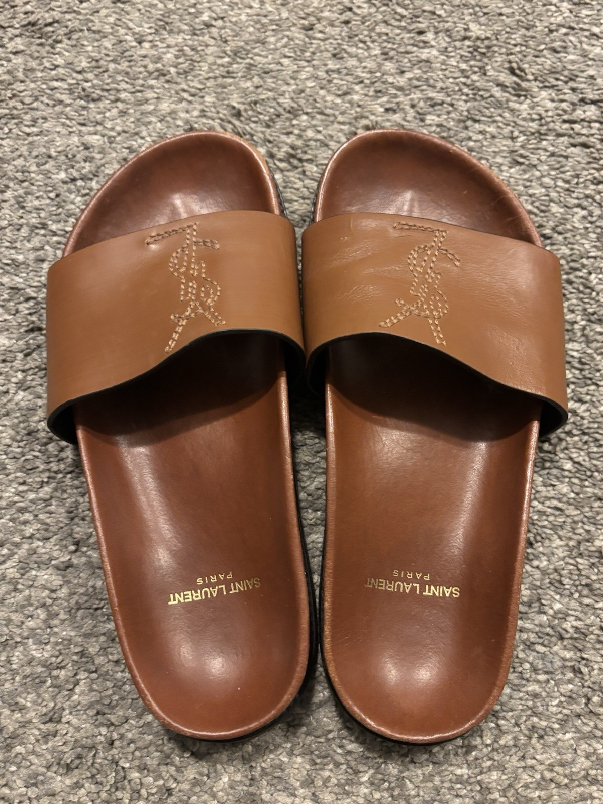 Yves Saint Laurent Joan YSL Monogram Leather Slide Sandal Women Size 35 US 5