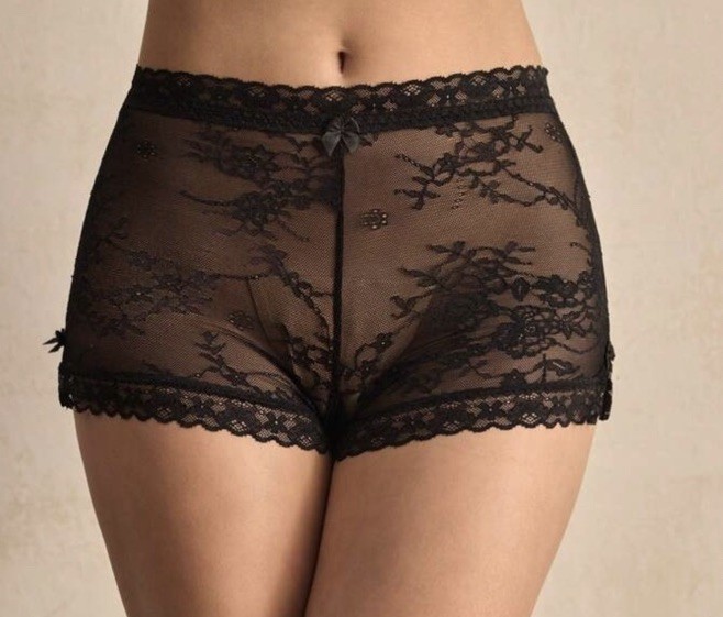 Romantic French Black Hi-Waist Sheer Floral Lace Cheeky Shorts Panties XL NEW