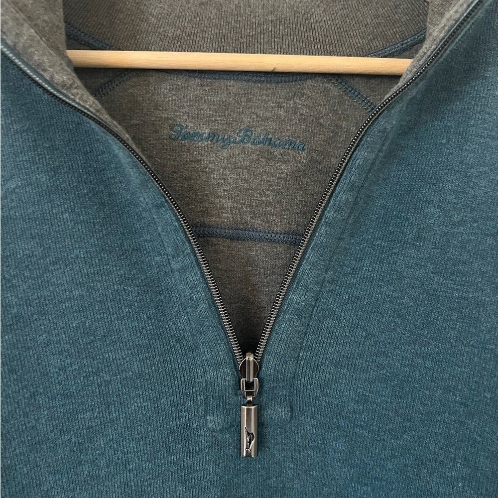 Tommy Bahama Mens Reversible Quarter Zip Pullover Sweatshirt Teal Grey XL