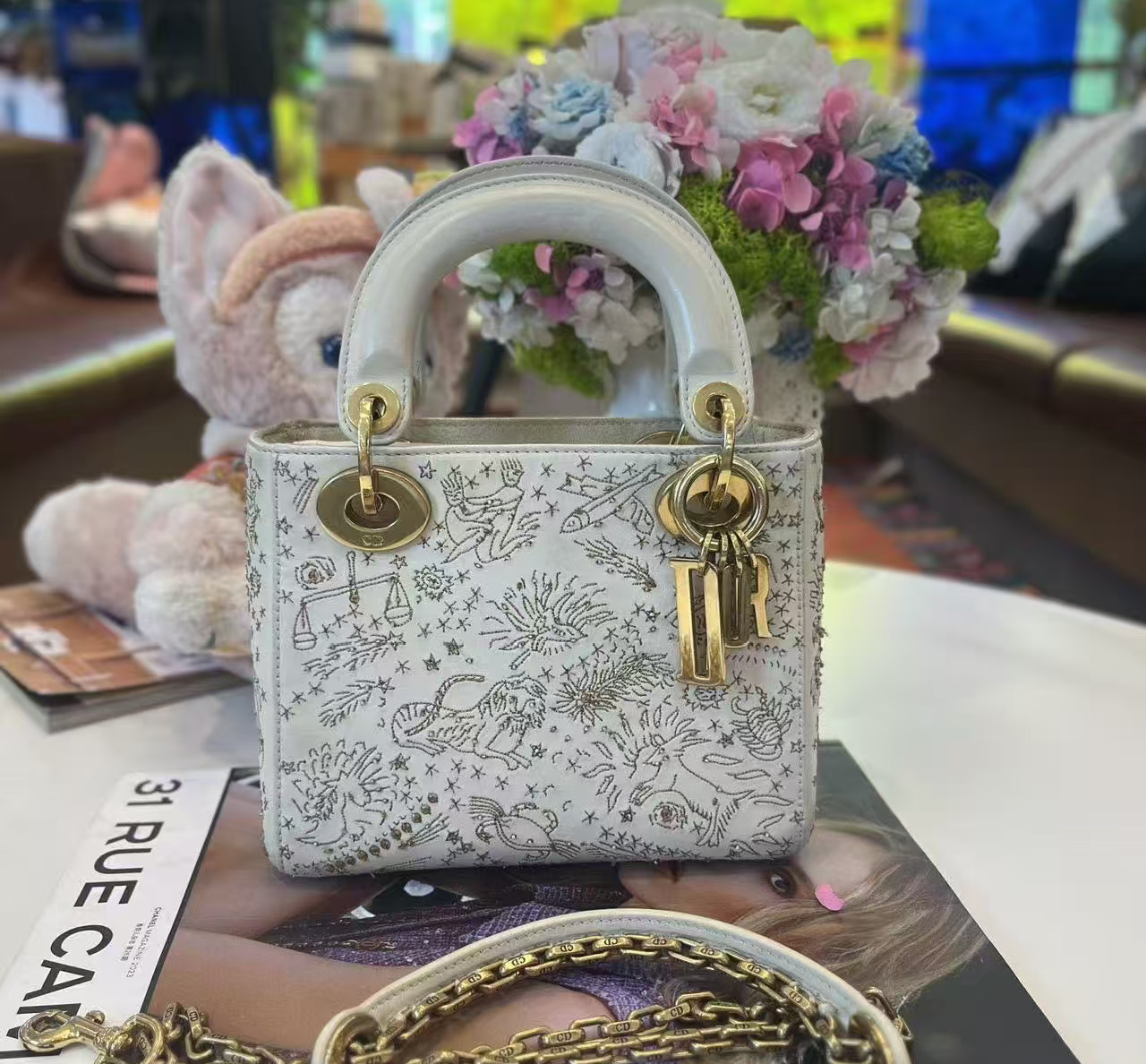 Auth Christian Dior Lady Dior Mini White Zodiac Beaded Embroidery Crossbody Bag