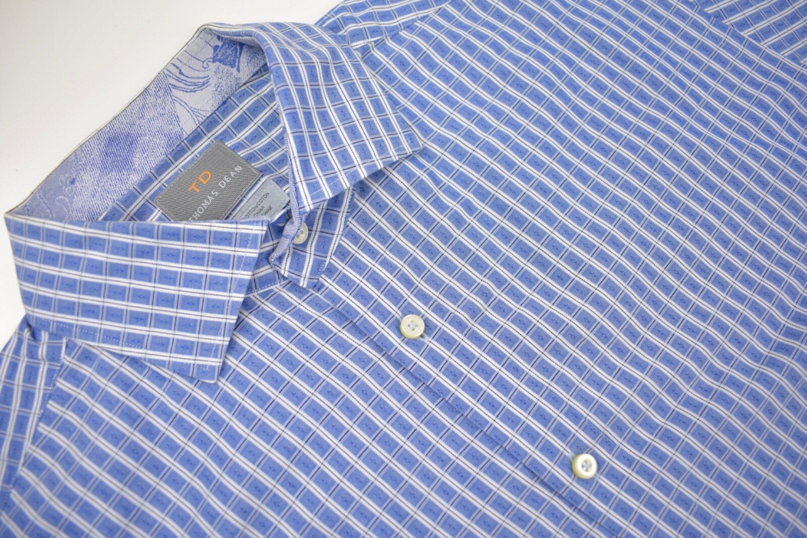 Thomas Dean Blue/White Geometric Check Spread Collar Dress Shirt Size: Large