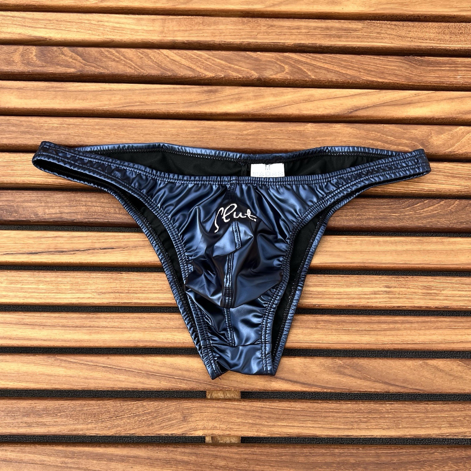 Slut custom embroidery men blue faux leather scrunch back bikini brief underwear