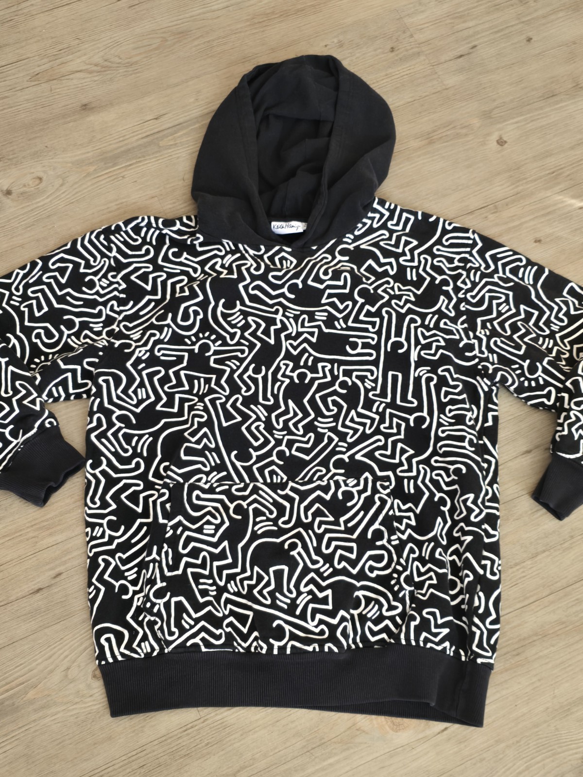 Keith Haring Youth XL Black & White All Over Print Hoodie Rare Find!