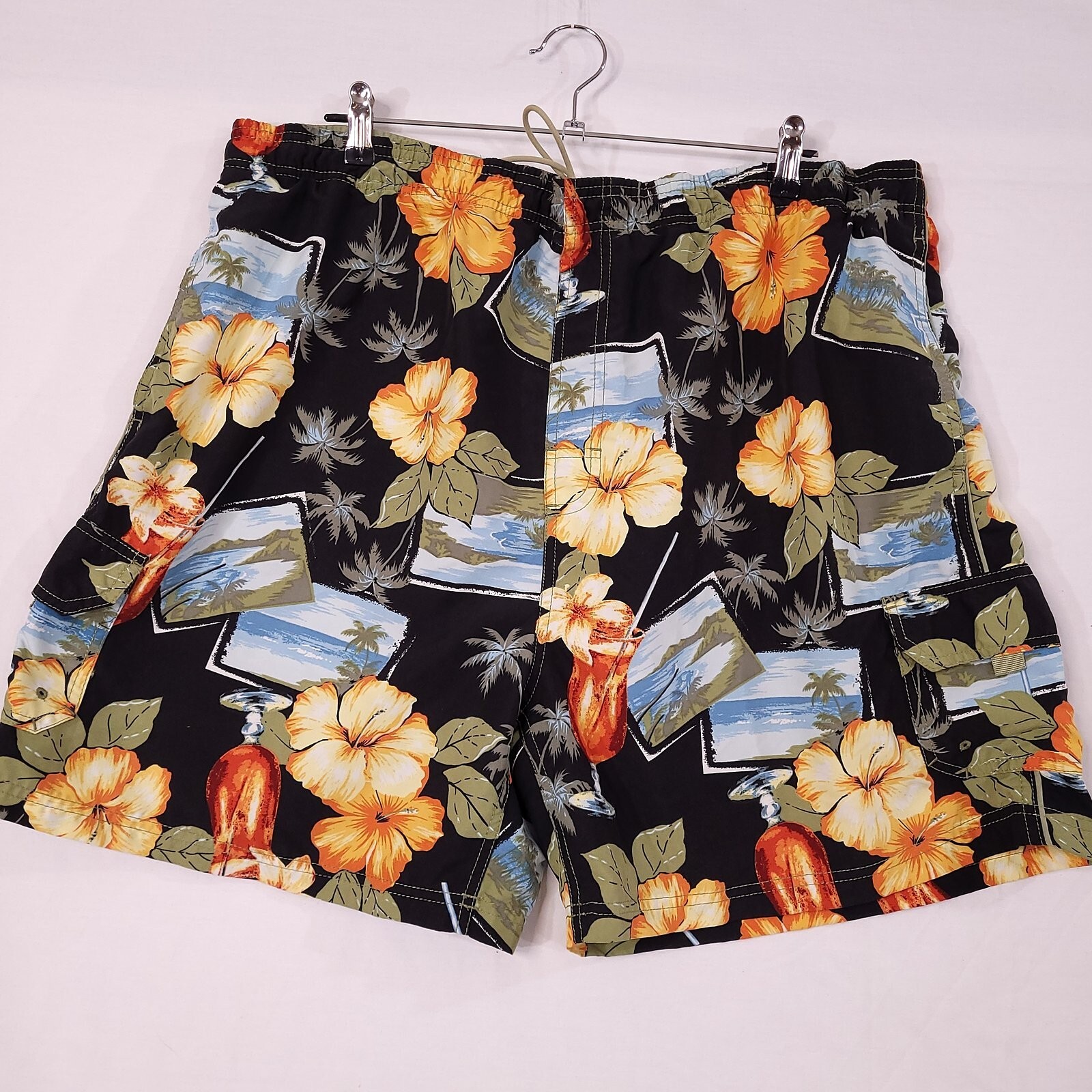 Sand N Sun Men’s Swim Trunks Bottom Black Hawaiian Size XL