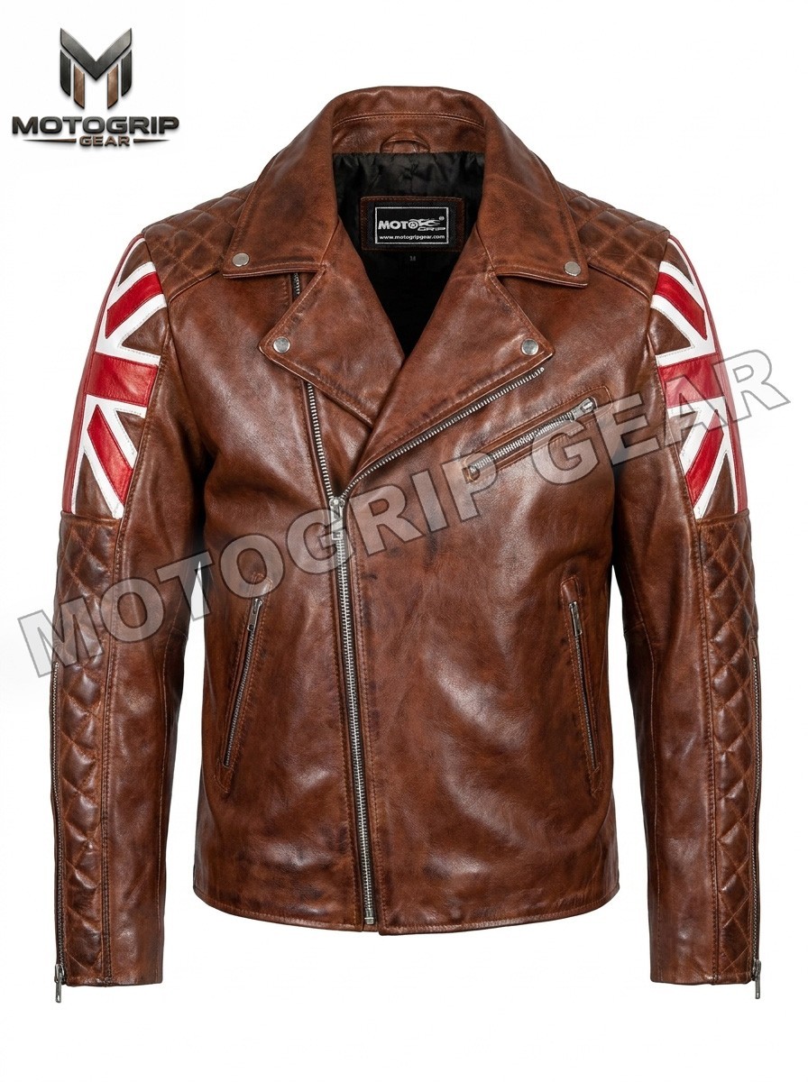 Men’s Biker Cafe Racer Motorcycle UK Flag Patch Vintage Distressed Black Leather