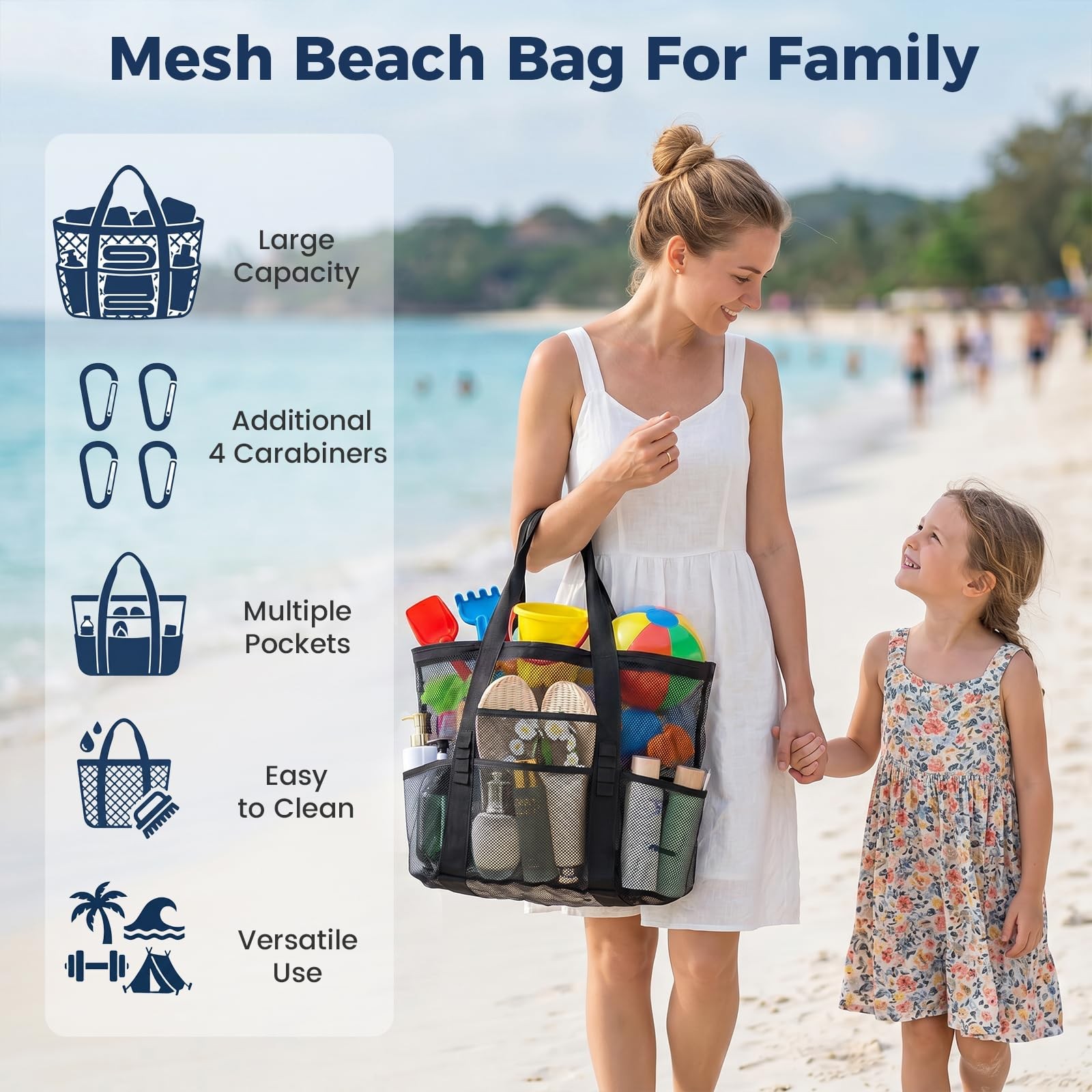 Mesh Beach Bag for Women, Large Beach Toy Pool Bag with Waterproof PVC Pocket…