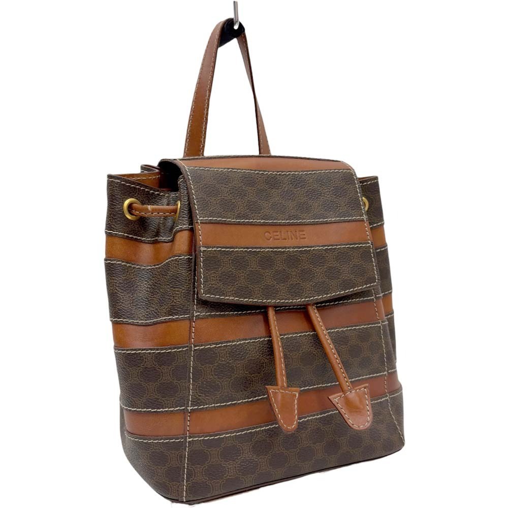 Auth Celine Backpack Macadam Striped Mini Brown Drawstring Women’s PVC Leather