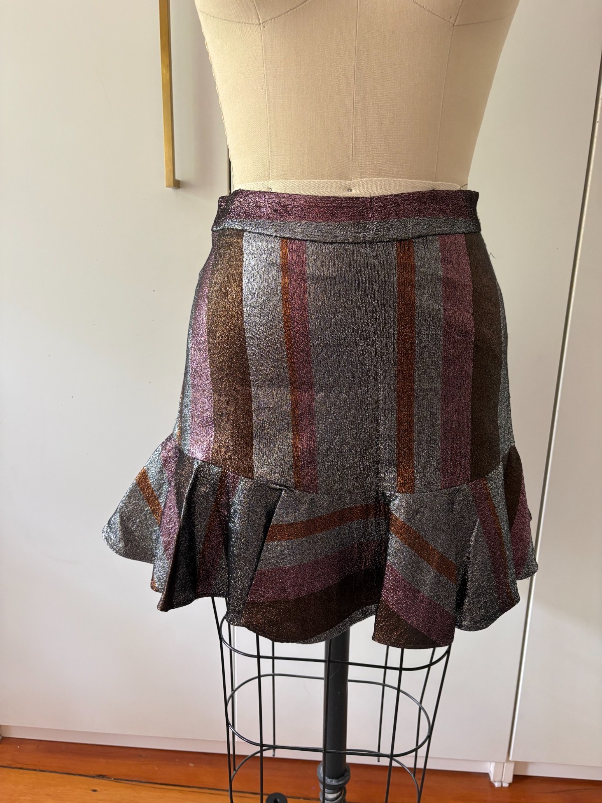 Derek Lam Metallic Shimmery Multi Colo Striped Mini Skirt With Ruffle Size 0
