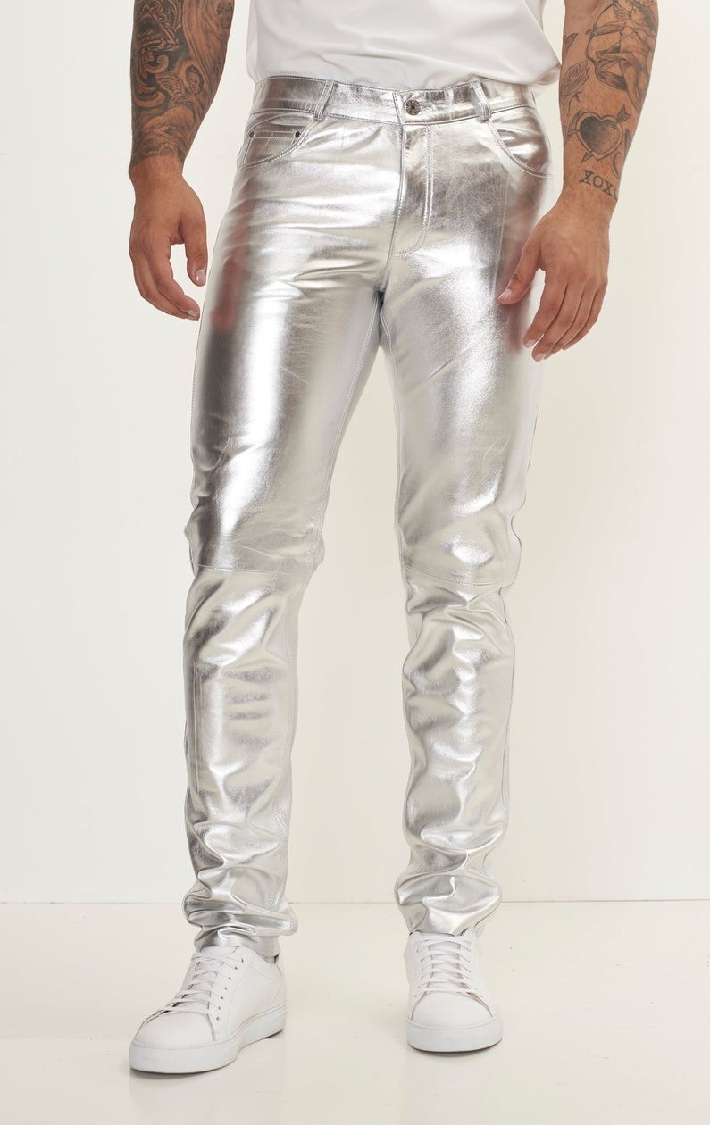 Leather Pants Men Pant Trousers Slim Biker Fit Men’s Jeans Style Real Silver 10