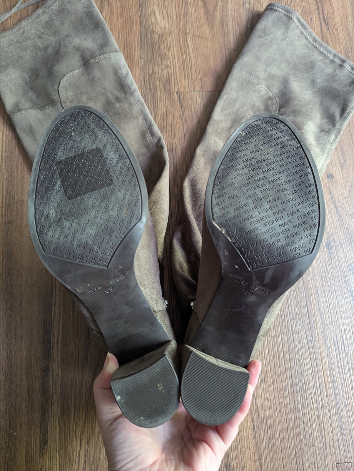 Marc Fisher Taupe Suede Thigh High Block Heel Boots Size 10