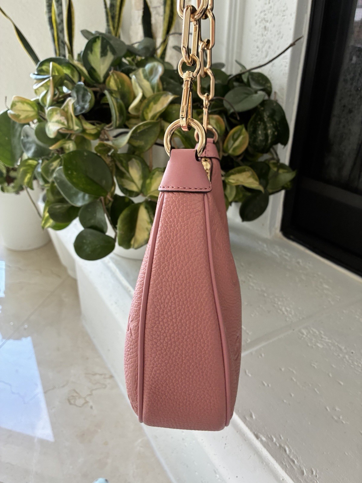 Michael Kors Pink Leather MK Embossed Gold Chain Shoulder Bag