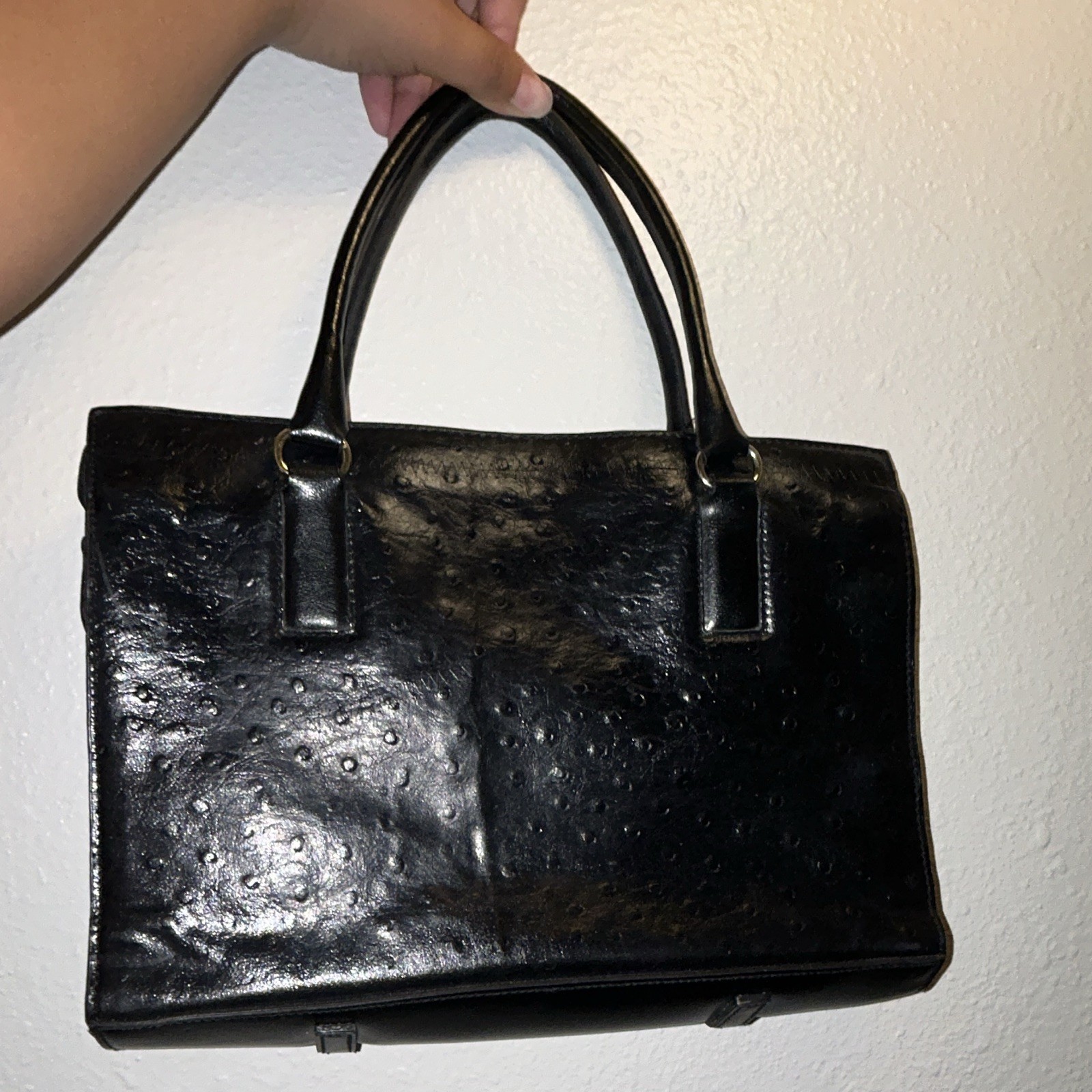 Black M.C Satchel Top Handle Bag Gold Logo Plaque Zip Detachable Strap