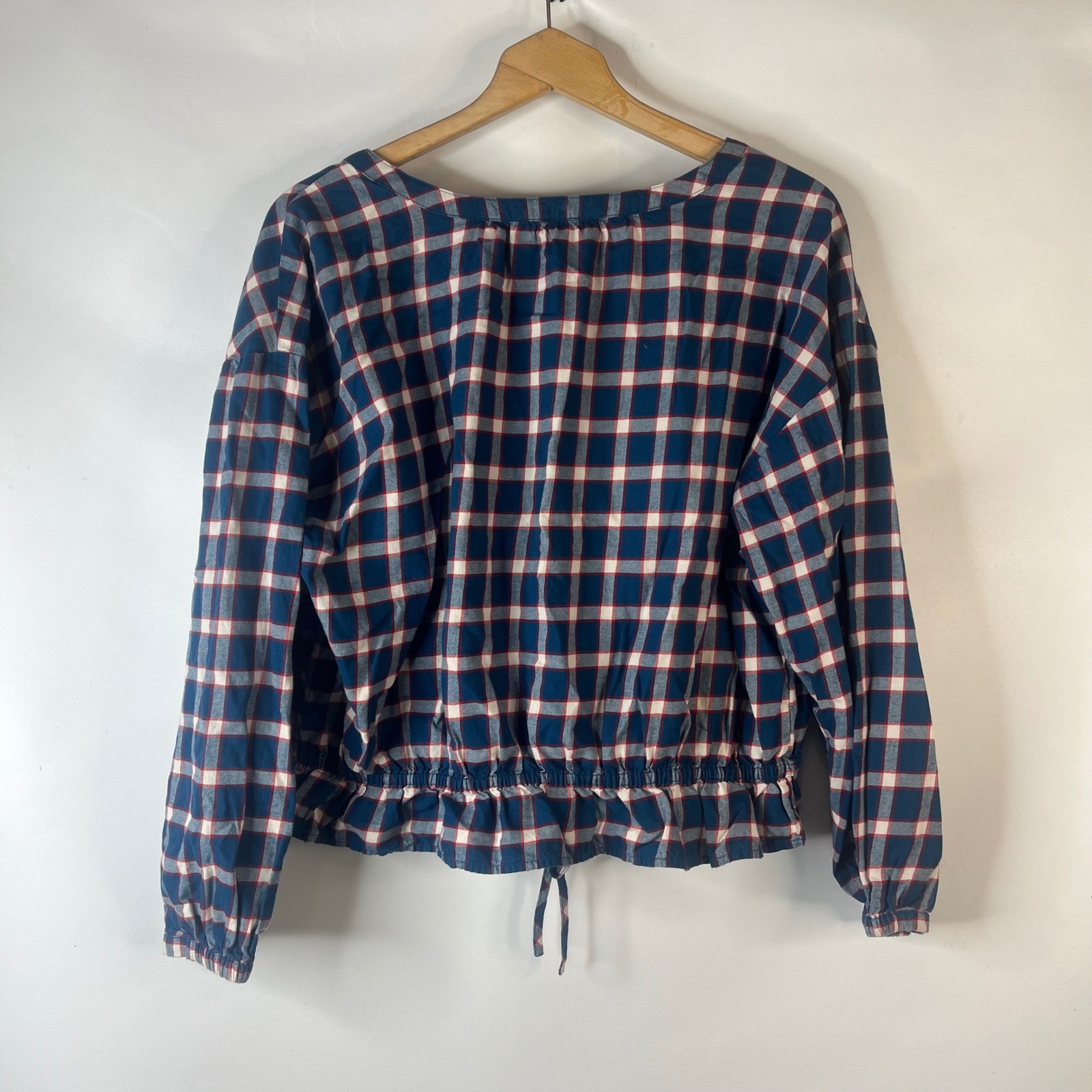 LOFT Blouse Womens XL Blue Red Plaid Peplum Drawstring Waist V-Neck Top
