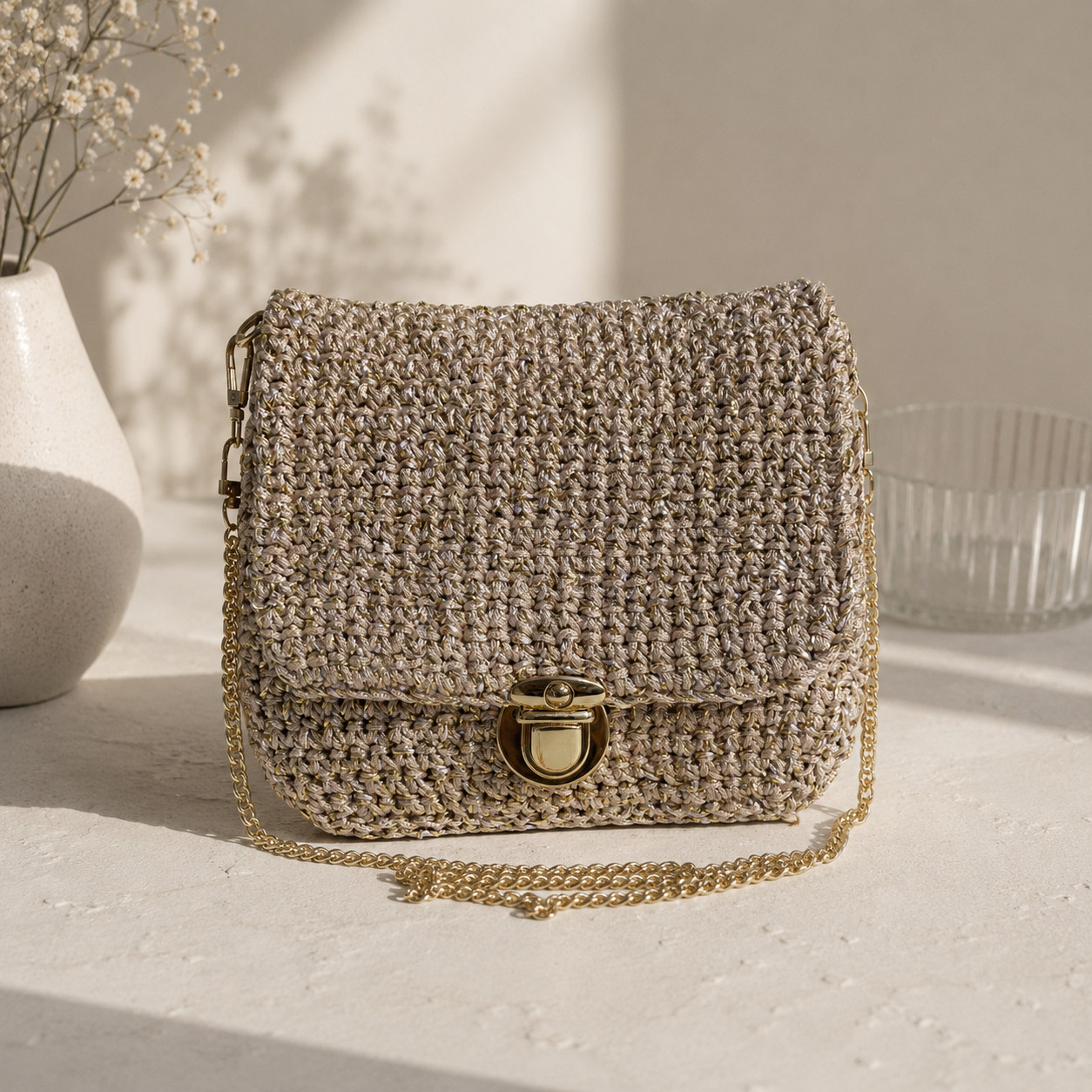 Handmade Gold Metallic Crochet Rayon Silk Shoulder Bag with Zipper Pocket