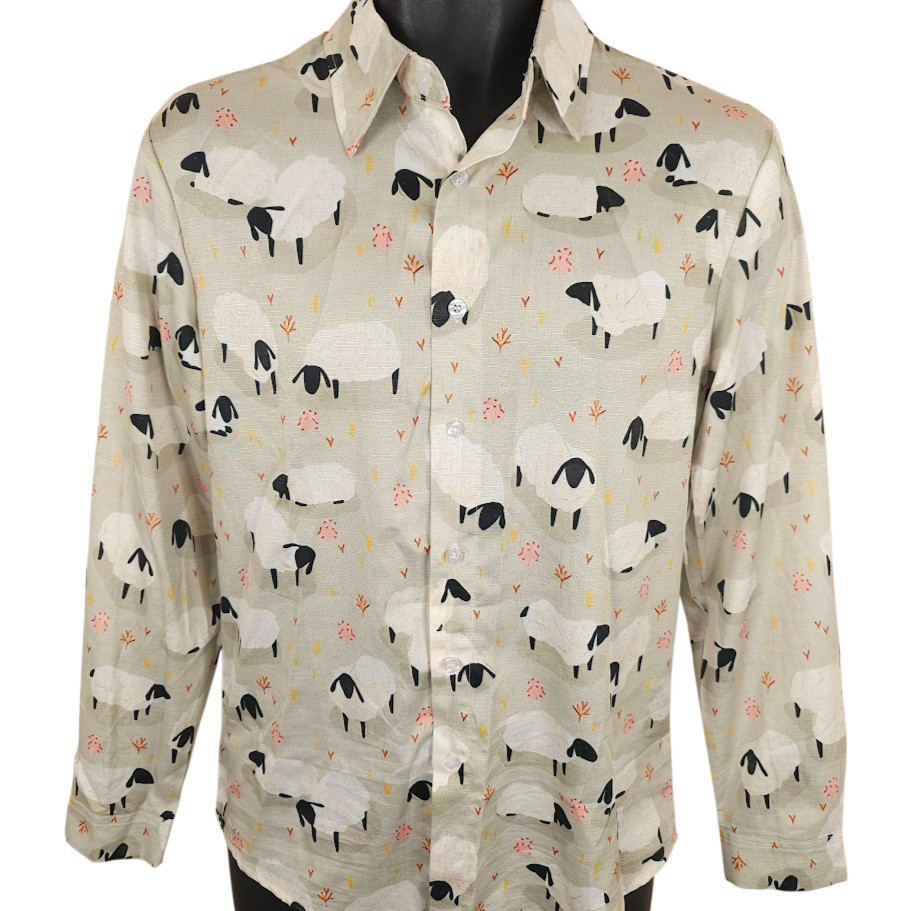 Sheep Casual Shirt Mens Size Small Green All Over Print Farm Animals