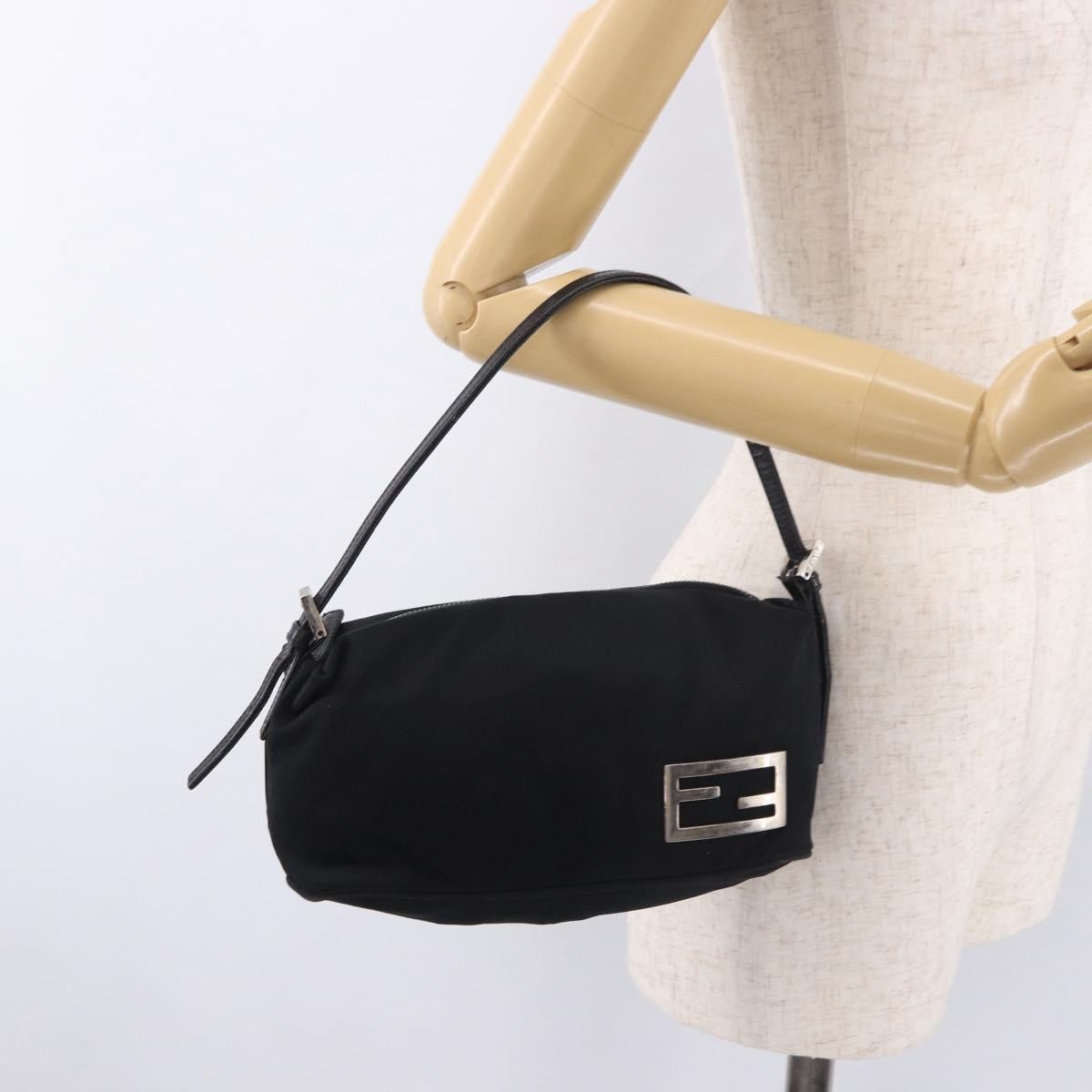 FENDI Shoulder Bag Cotton Jersey Black Silver Auth 186864