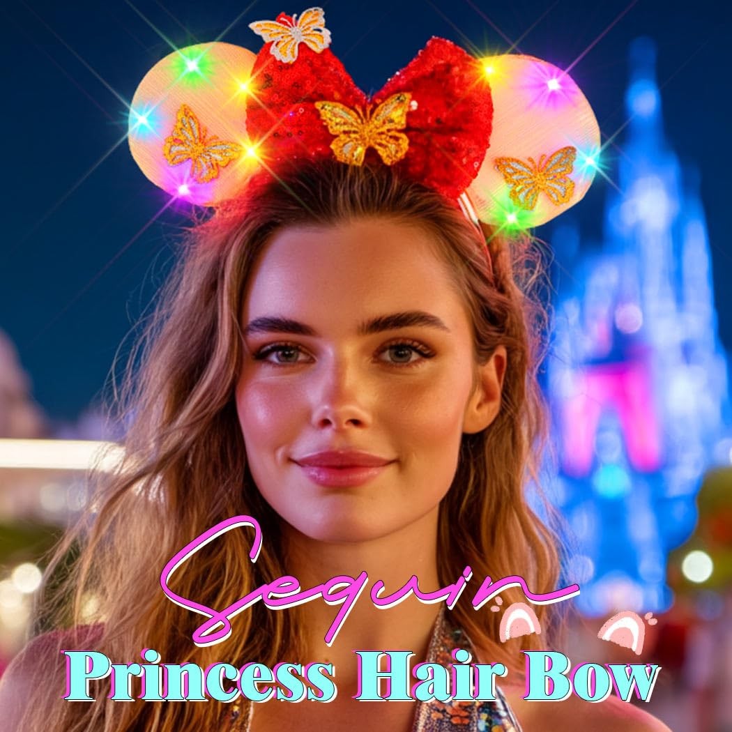 JAKAWIN Light Up Mouse Ears Headband Glowing Bow 11*9.1IN, 5 Red