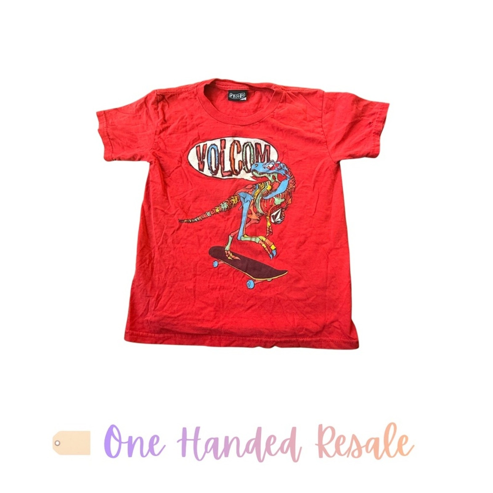 🛹 Volcom Kids Red Skateboarding Dinosaur Comfy Graphic Tee T Shirt L