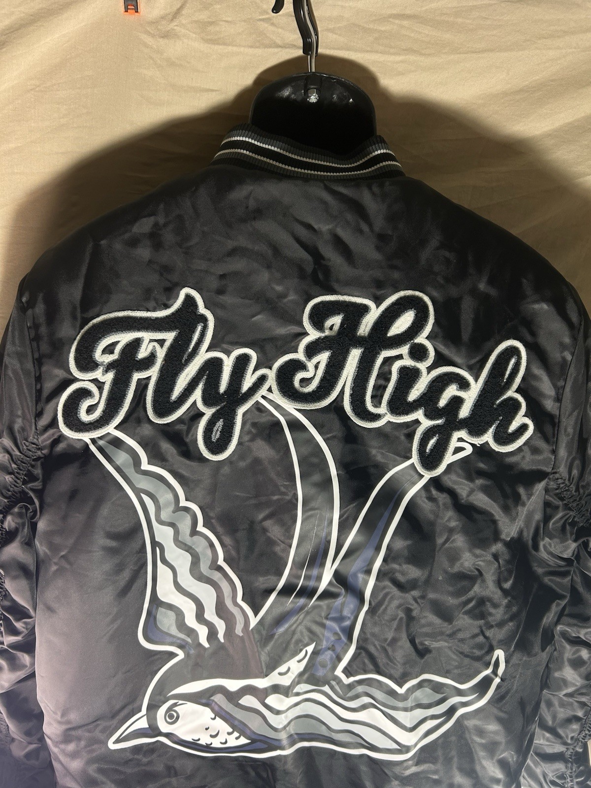 Rebel Minds Fly High Bomber Jacket Mens XL Black Satin Varsity Streetwear
