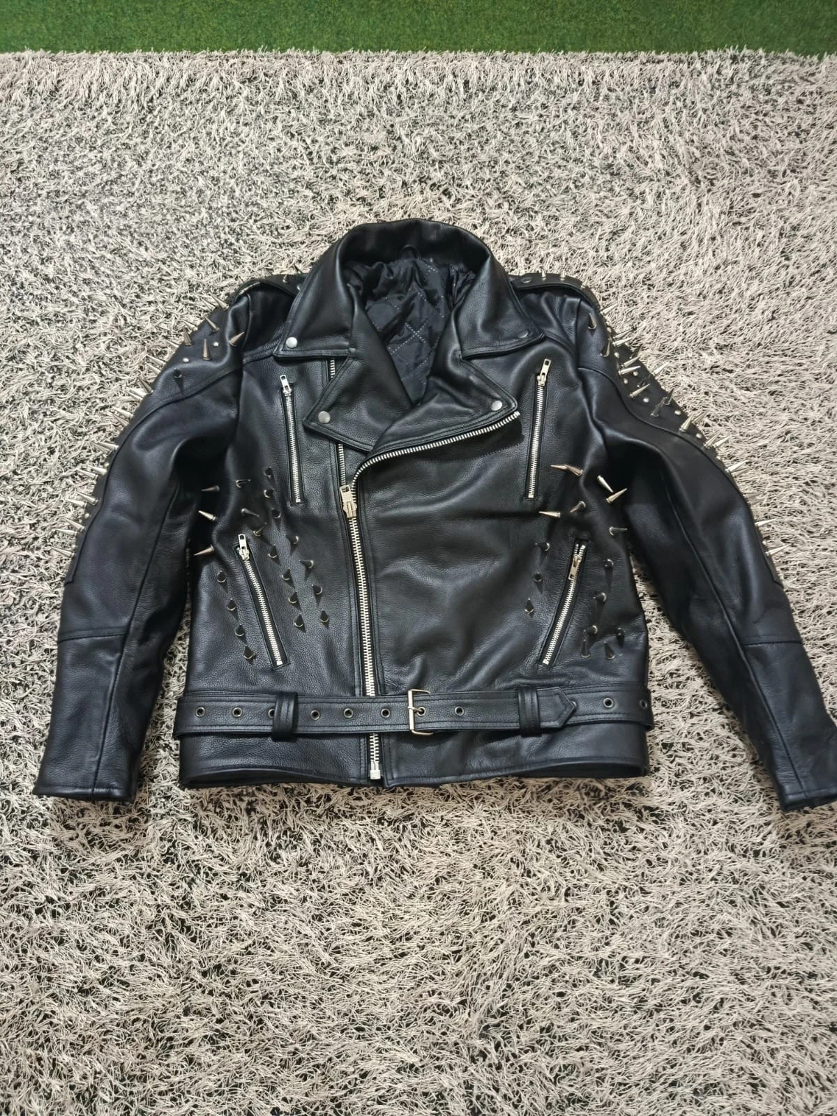 HEAVY Spiked Studded Black Leather Motorcycle Biker Jacket PUNK METAL GOTH