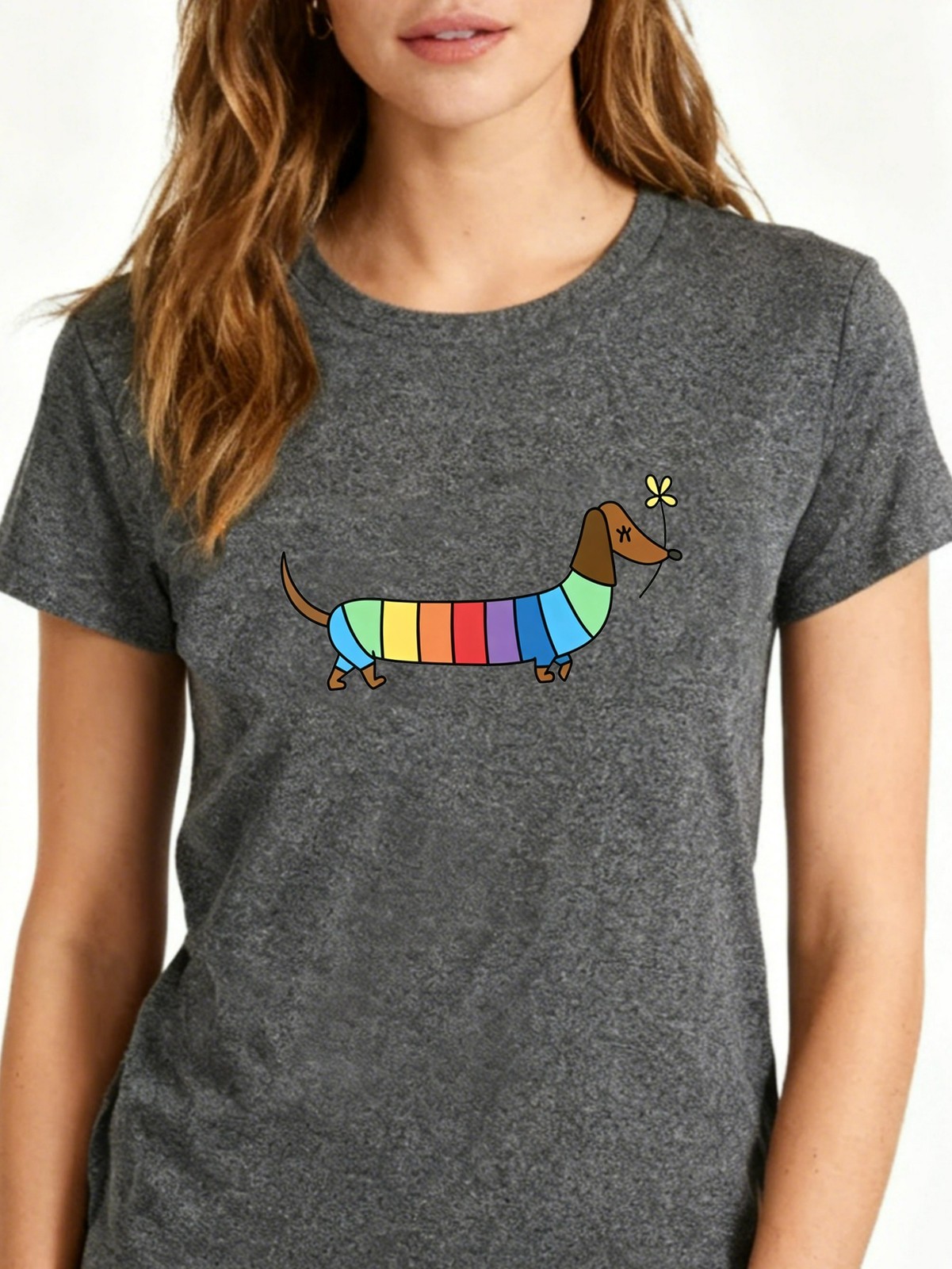 Rainbow Striped Dachshund Graphic Tee W Cute Playful Casual Daily Polyester Top