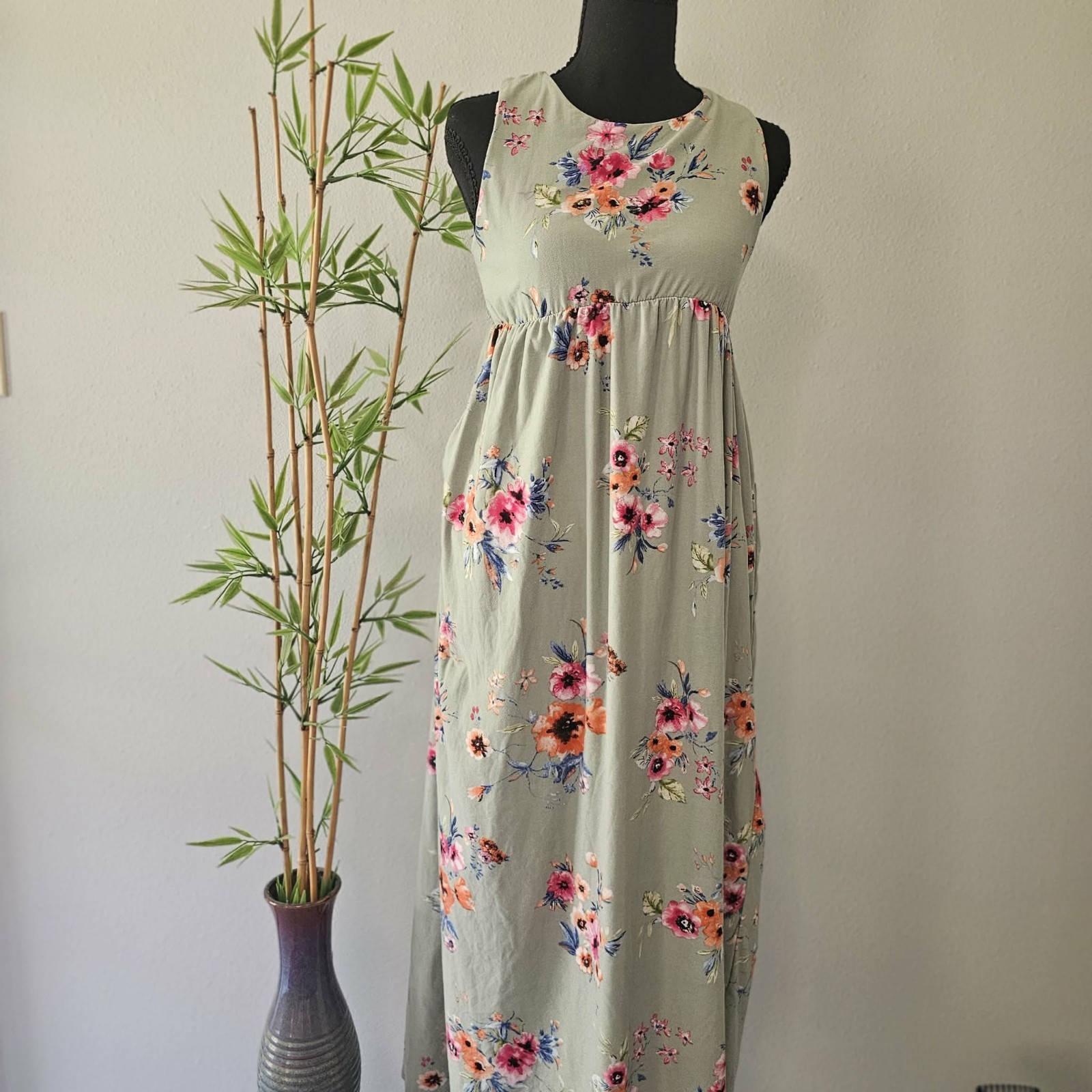 Green Floral Jersey Maxi Dress S Round Neck Sleeveless Elastic Waist Pockets