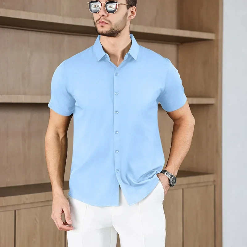 Men’s Business Casual Short Sleeve Shirt Summer Solid Color Top
