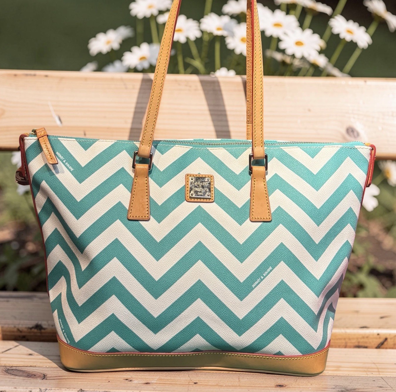 Dooney Bourke Turquoise Spearmint Green Chevron Large Shopper Tote Shoulder Bag