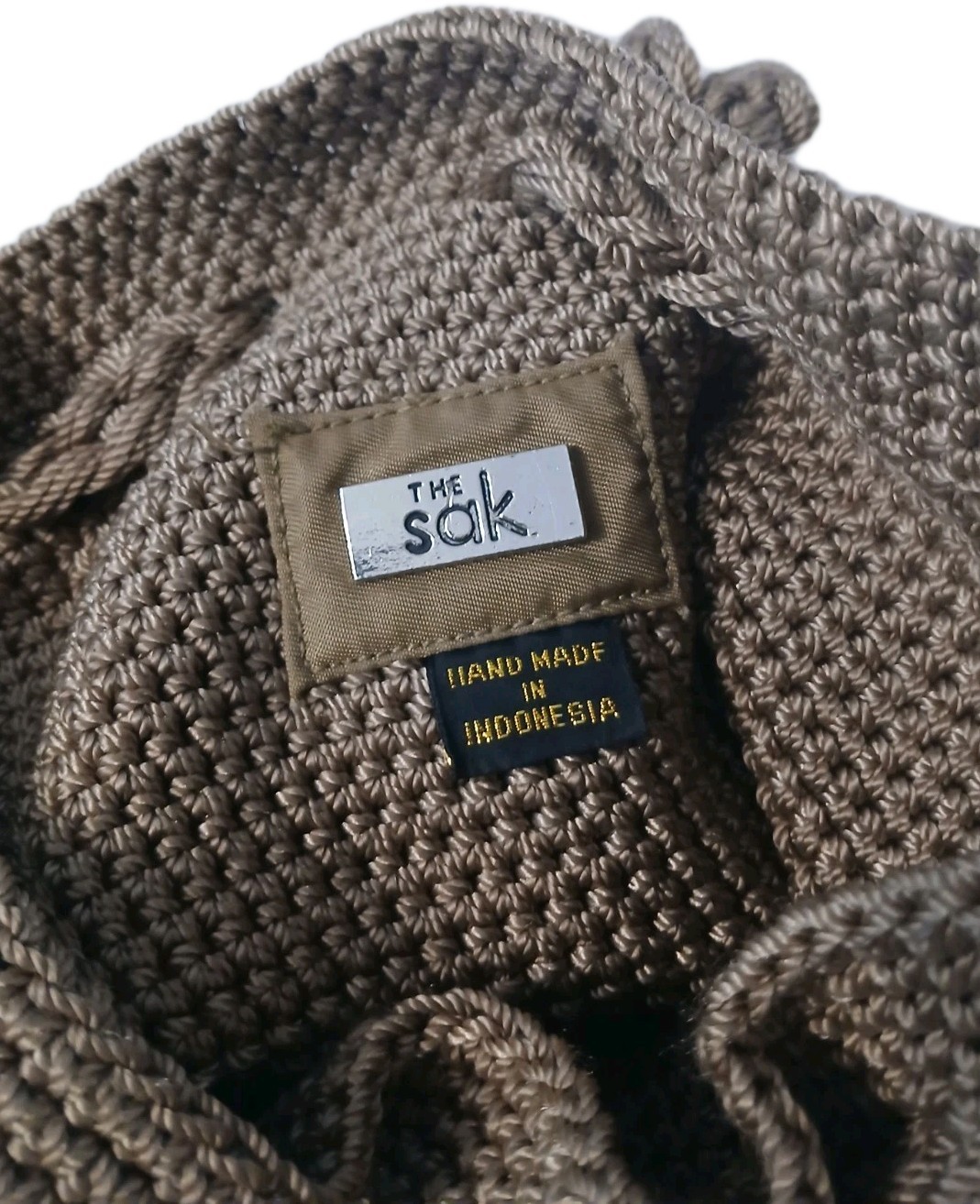 The Sak Crochet Backpack Light Brown Drawstring Tight Woven Purse Boho Sm Defect