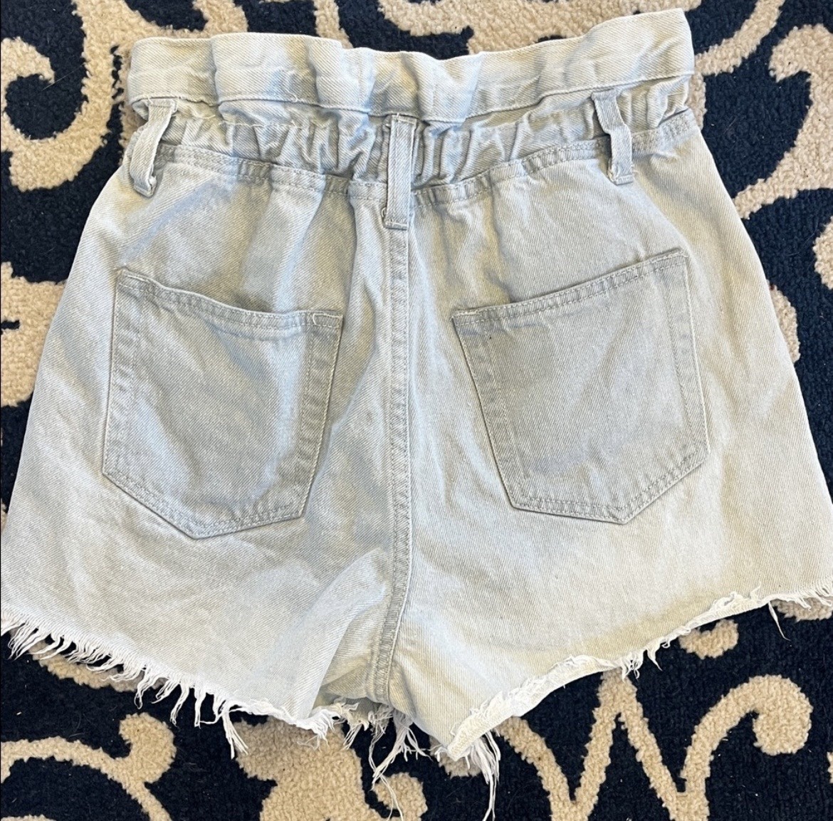 B Original Comfy Denim Shorts Ragged Shark Bite Hem Elastic Waist
