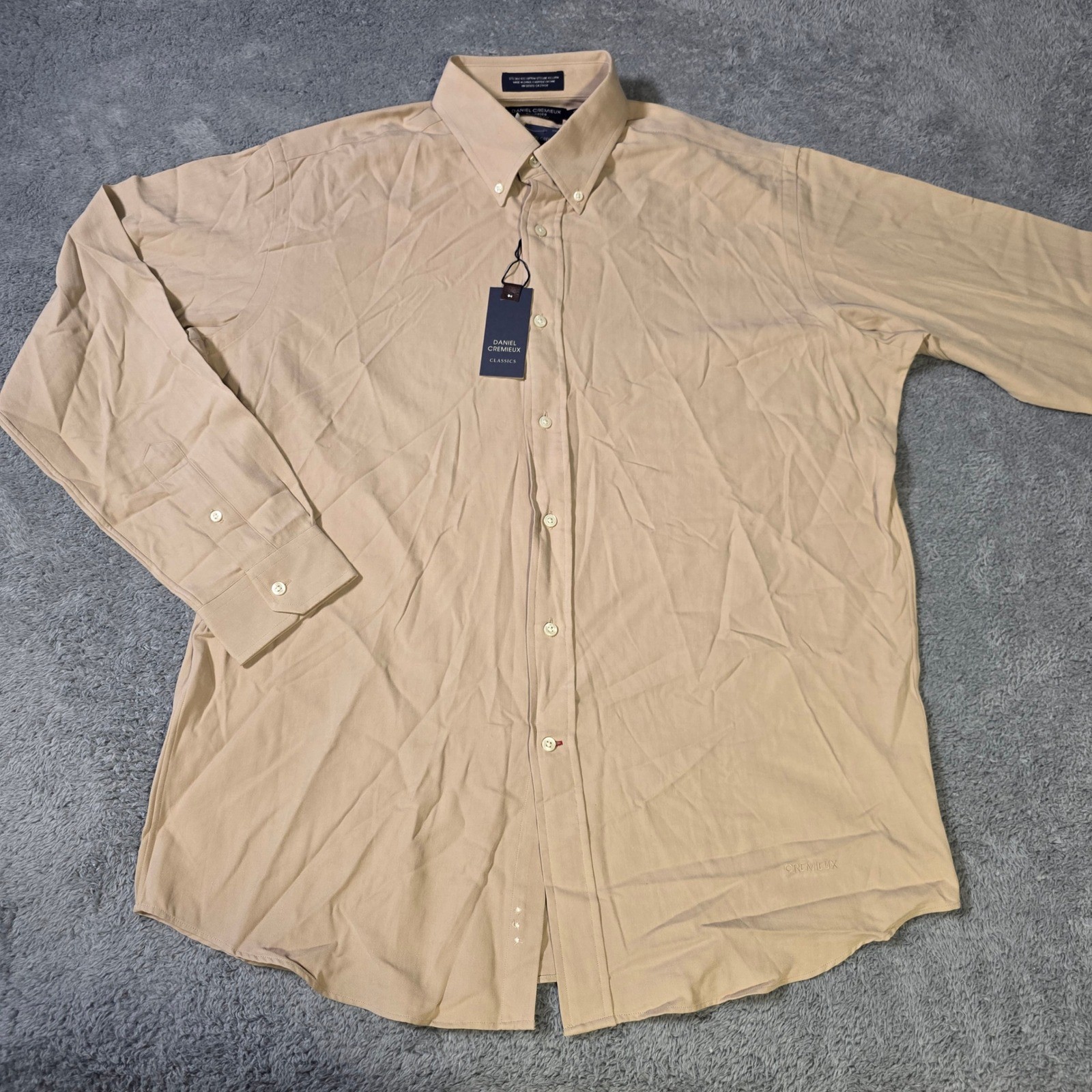 Daniel Cremieux Mens Large Button Down Shirt Tan Silk Cotton Herringbone Tailord