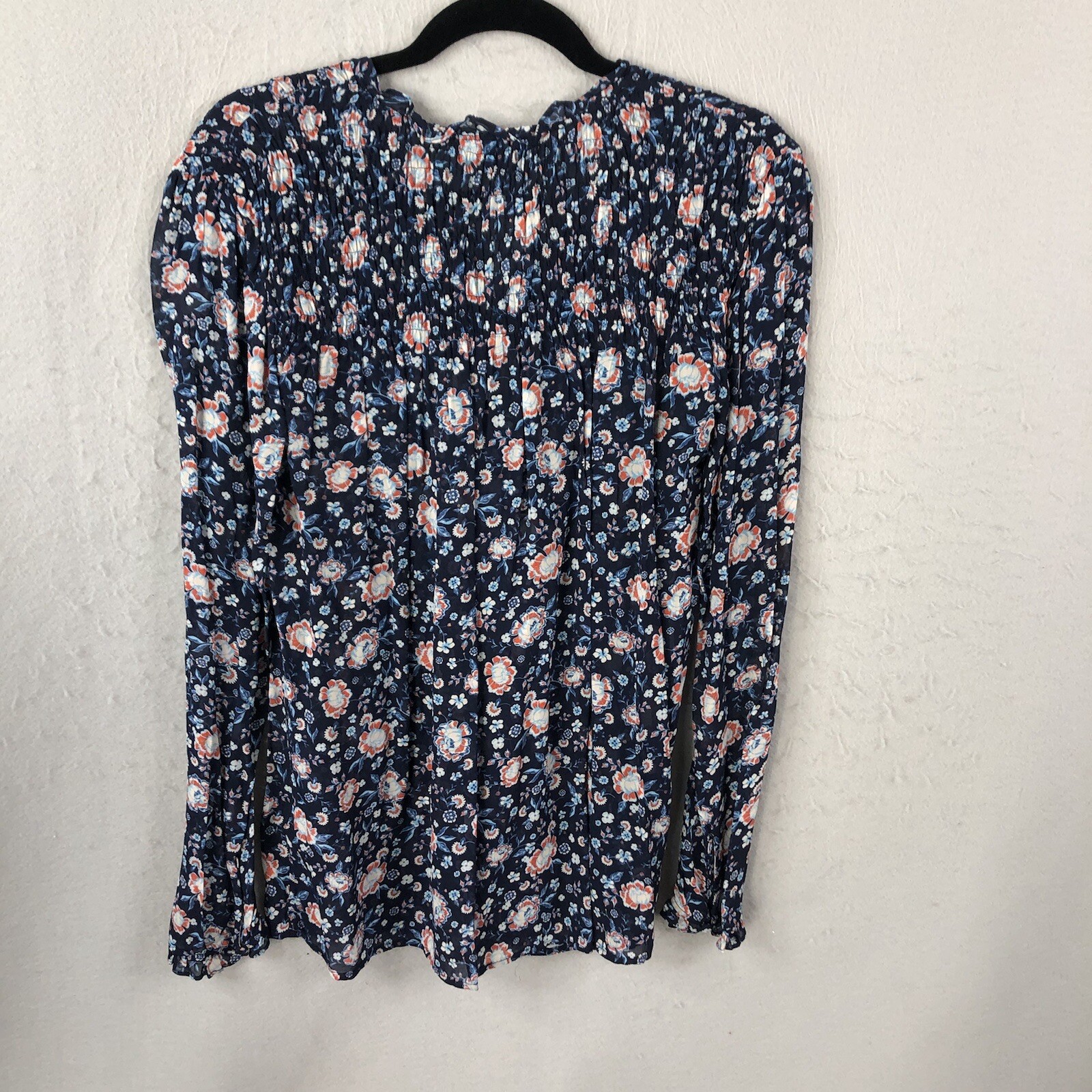 Dear John Top Womens Medium Blue Floral Sheer Smocked Flowy Boho Peasant Cottage